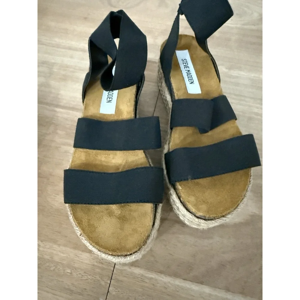 Steve‎ Madden Black Elastic Strap Espadrille Platform Sandals Girls Kids Size 5